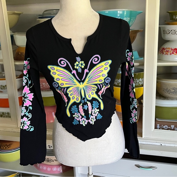 Dolls Kill Tops - Dollskill Delia’s Butterfly Long Sleeve Glitter Top - Size Small